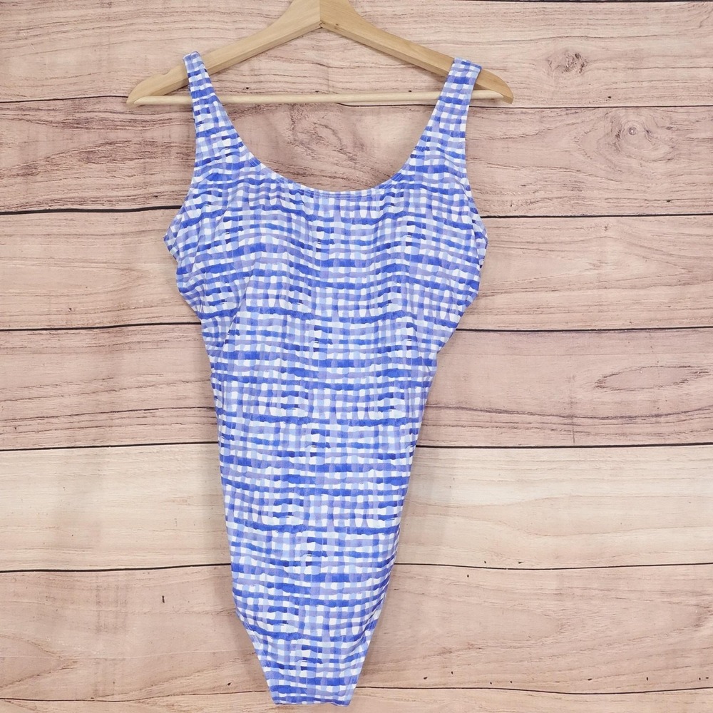 L.L.Bean Swimsuit Womens 12 Long Blue Gingham One Piece UPF 50+ UV Tall